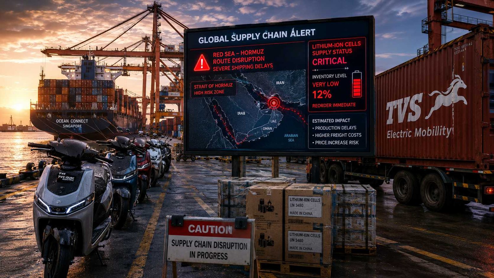 A busy photograph of the TVS iQube production line under strain, with monitors flashing global supply chain warnings about the Hormuz Crisis and cell scarcity, threatening to raise TVS EV prices.